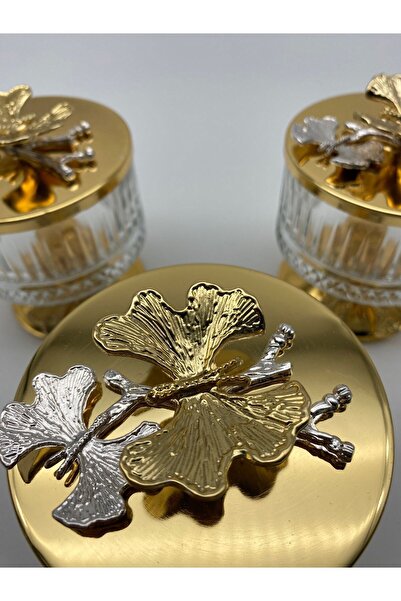 Fiyakalı Ürünler Atölyesi Gold Elysia 3-Piece Glass Magnolia Cut - Butterfly Lid Ice Cream and Sugar Bowl Snack Bowl