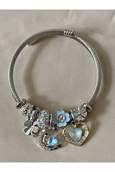 IronMoon Mavi Çiçek ve Kalp Detaylı Çelik Charm Bileklik