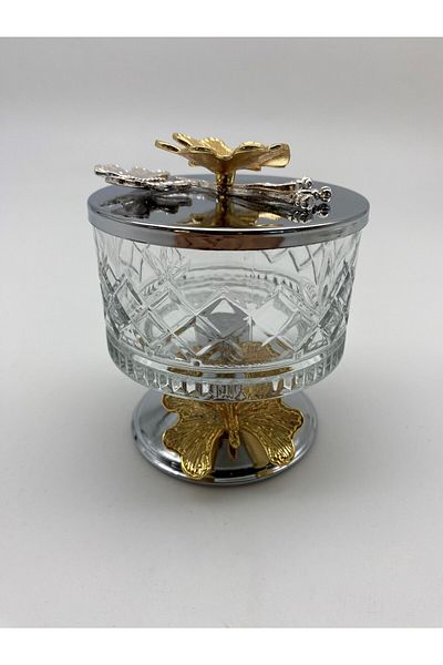 Fiyakalı Ürünler Atölyesi Timeless Silver Magnolia Glass Bowl - 2-Piece Footed, Butterfly Lid Ice Cream and Sugar Bowl Snack Bowl