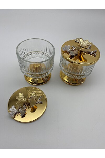 Fiyakalı Ürünler Atölyesi Gold Elysia 2-Piece Bowl - Glass Magnolia, Butterfly Lid Ice Cream and Sugar Bowl