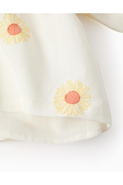 Ziddy Cotton and Linen Blouse with Flowers and Crochet for Girls, White