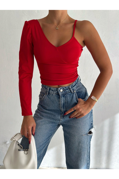 QUTTA Women's Red Single Sleeve Strap Diver Fabric Crop Blouse