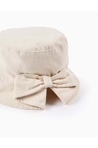 Ziddy Linen Imitation Hat with Bow for Baby Girls, Beige