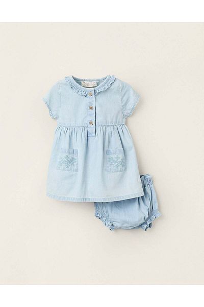 Ziddy Denim Dress + Bloomers with Cross-Stitch for Newborn Girls, Blue