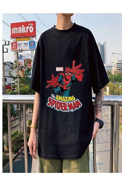 Minga London Tricou oversize cu imprimeu negru Spider-man roșu față/spate - M...