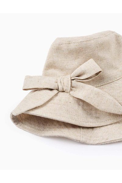 Ziddy Linen Blend Hat with Bow for Girls, Beige