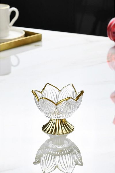 FAIR HOME Lotus Flower Gold Detailed Metal Leg Glass Turkish Delight Bowl Dragee Set – 6 Pieces