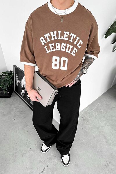 HAFKAGİYİM Μπλουζάκι καφέ Atletic 80 με στάμπα Oversize