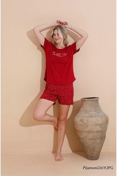 Pijamoni Milan Red Pajama Set with Fabric Shorts - 7615