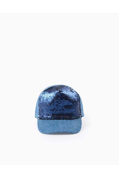 Ziddy Denim Cap with Reversible Sequins for Girls, Blue