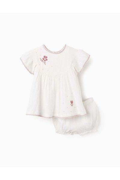 Ziddy Dress + Bloomers with Cross-Stitch for Baby Girls, White