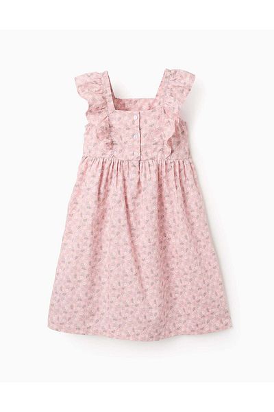 Ziddy Floral Cotton Dress with Ruffles for Girls, Pink
