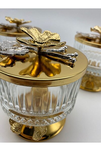 Fiyakalı Ürünler Atölyesi Gold Elysia 3-Piece Glass Magnolia Cut - Butterfly Lid Ice Cream and Sugar Bowl Snack Bowl