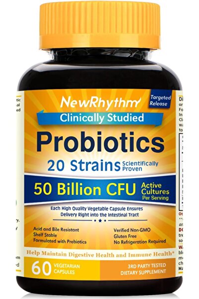 Rhythm نيوريثم بروبيوتيك ٥٠ مليار وحدة تشكيل مستعمرة ٢٠ سلالة، ٦٠ كبسولة نباتية، تقنية الإطلاق المستهدف
