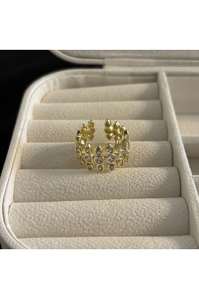 Zeyn Jewelled Adjustable Gold Steel Ring