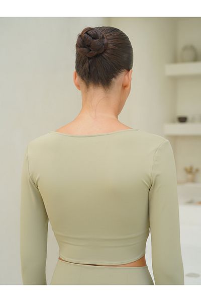 MAİ COLLECTİON Gaia Long Sleeve Cross Detail Soft Khaki Crop