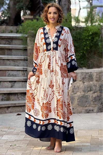 Nevin Kaya Moda Φόρεμα Cream Navy Blue Copper Floral 100% βαμβακερή βισκόζη