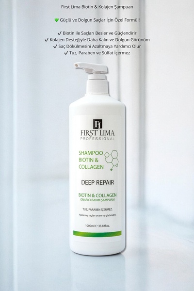 First Lima Professional Yıpranmış Saçlar Için Tuzsuz Onarıcı Biotin & Collagen Şampuanı Ve Saç Bakım Maskesi 1000 Ml