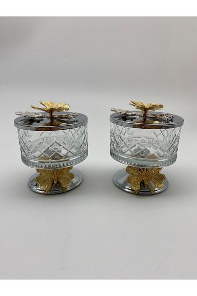Fiyakalı Ürünler Atölyesi Timeless Silver Magnolia Glass Bowl - 2-Piece Footed, Butterfly Lid Ice Cream and Sugar Bowl Snack Bowl