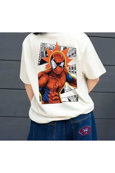 weywot Spidermann Special Design New Season Front/Rear Printed Oversize Beige T-Shirt