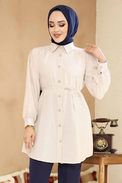 Neva Style تونيك حجاب بأزرار بيضاء 42421BEJ