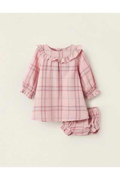 Ziddy Dress + Bloomers with Check for Newborn Girls, Pink