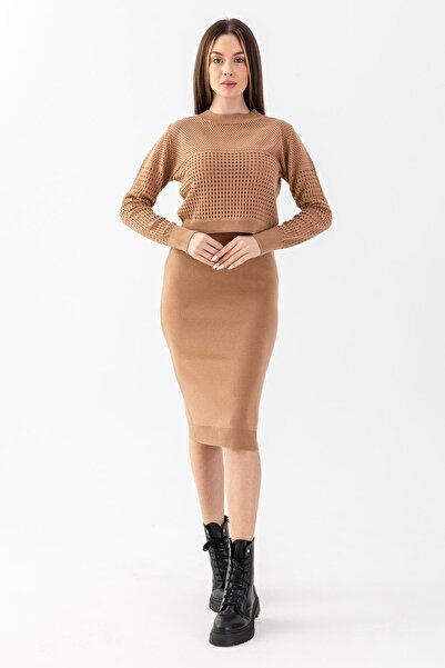 Irmak Kerekli Set de tricotaje pentru femei Camel Pulover Rochie Partea Infer...