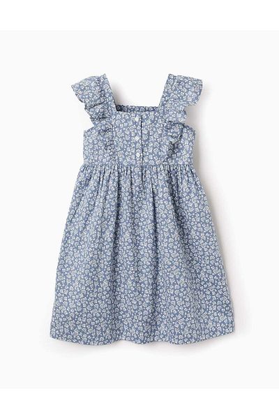 Ziddy Floral Cotton Dress with Ruffles for Girls, Blue