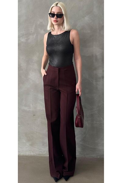 Madmext Burgundy High Waist Fabric Pants Mg2284