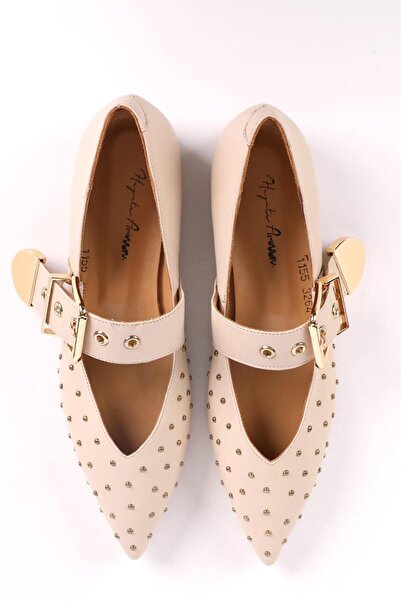 Hayati Arman Women's Genuine Leather Stone Detailed Top Strap Ballerinas Beige