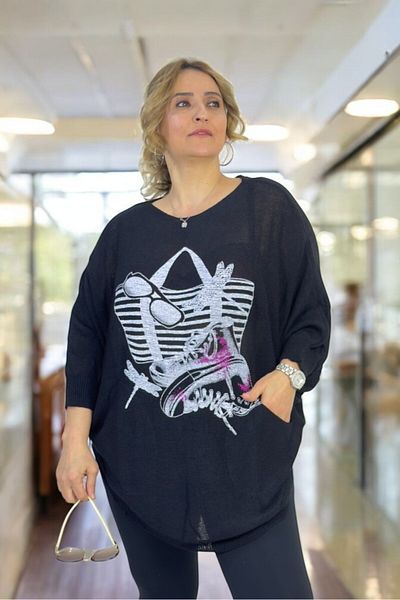 yagmurberen Bag with Patterned Boat Neck Pocket Oval Cut Oversized Italayn Mercerized Blouse Sweater