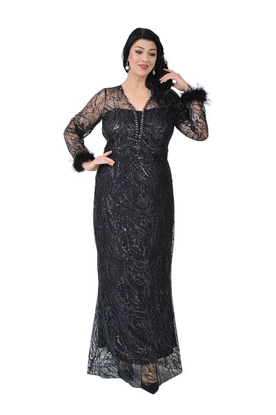 LİLAS XXL Plus Size Griter Print Black Color Evening Dress