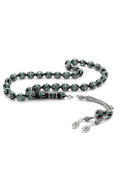 Tesbihane Erkek Gümüş Püsküllü Firuze Işlemeli Erzurum Oltu Taşı 925 Ayar Tesbih