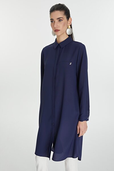 Zühre Hidden Button Detailed Tunic Navy Blue T-0767