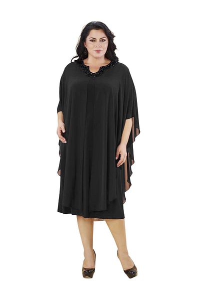LİLAS XXL Plus Size Black Colored Short Chiffon Evening Dress