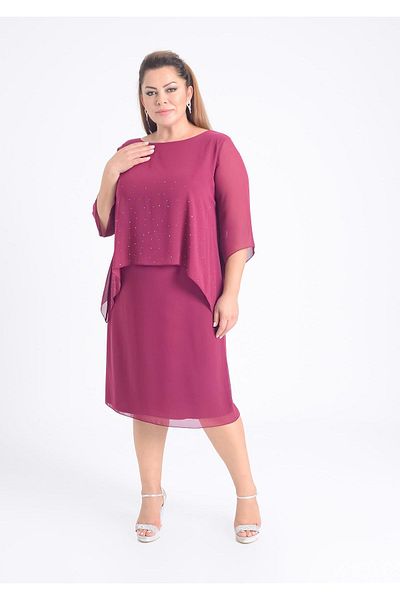 LİLAS XXL Plus Size Fuchsia Colored Stone Printed Short Evening Dress