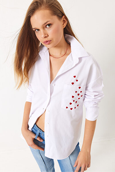 Bianco Lucci Női szívvel hímzett, váll nélküli oversize poplin ing 60456 60271081