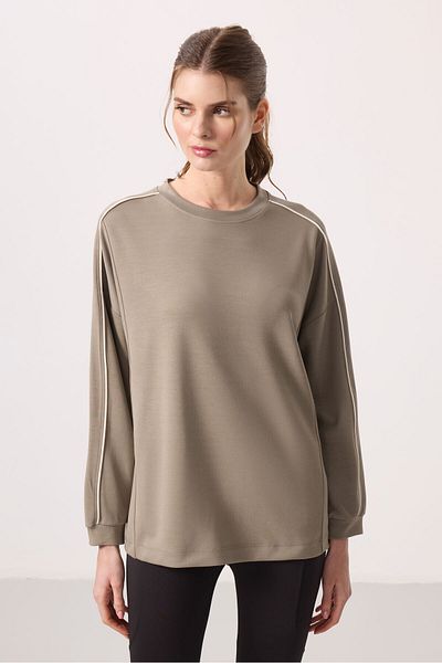 TOMMY LIFE Dark Beige Soft Textured O Neck Oversize Women's Tunic Sweatshirt - 97303