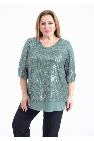 LİLAS XXL Büyük Beden Mint Renkli Pul Payetli Şifon Bluz