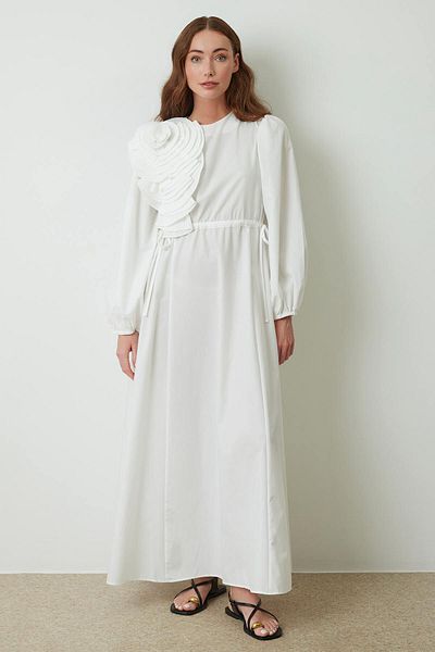 Hooopstore Ecru Dress - Rose Accessory Detailed