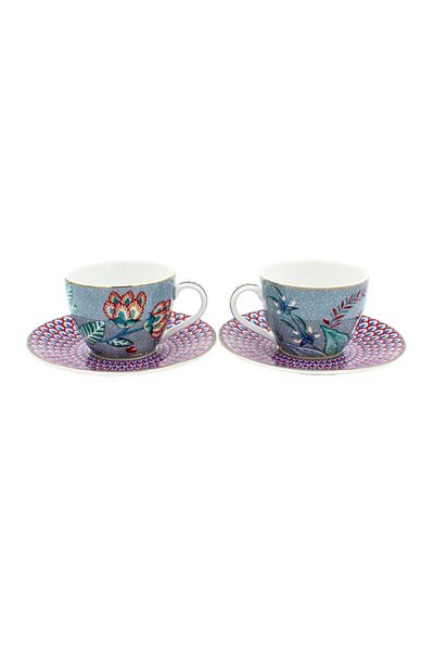 Pip Studio Set 2 căni cu farfurioare, Pip Studio, Light Blue, 120ml, colecția Flower Festival