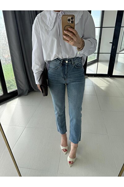 CKBUTİK Yüksekbel Açık Renk Kesik Paça Boyfit