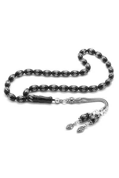 Tesbihane 925 Ayar Gümüş Püsküllü Gümüş İşlemeli Arpa Kesim Rus Oltu Tesbih 101001956