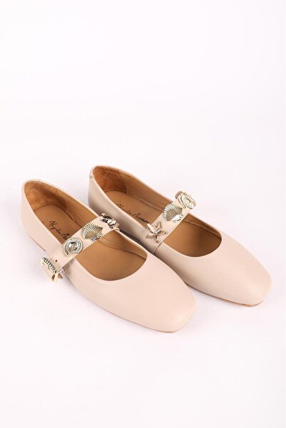 Hayati Arman Women's Genuine Leather Stone Detailed Top Strap Ballerinas Beige