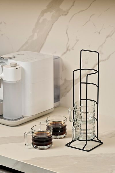 Edora Home Matte Black Countertop Set of 4 Glass Mugs and Stand / Coffee / Tea / Presentation Bowl / Organizer