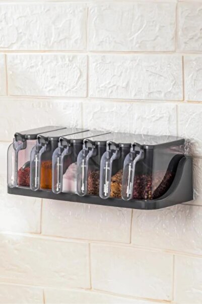 Hayveys home 6-Piece Black Countertop Spice Set with Spoon and Stand - Adhesive Wall Mounted