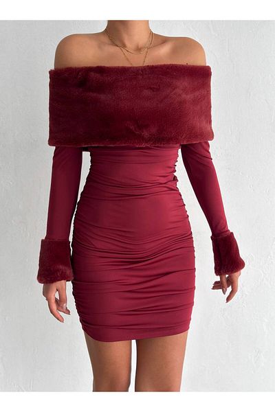 QUTTA Women's Burgundy Madonna Collar Fur Detailed Dress