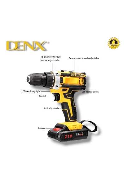 Denx DX2588 21V Lithium-Ion Electric Drill for Home, Construction, Automotive and Gardening.
