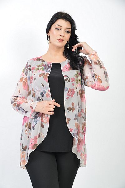 LİLAS XXL Plus Size Cream Colored Floral Chiffon Blouse