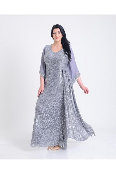 LİLAS XXL Plus Size Grey Color Sequined Sleeves Chiffon Long Evening Dress